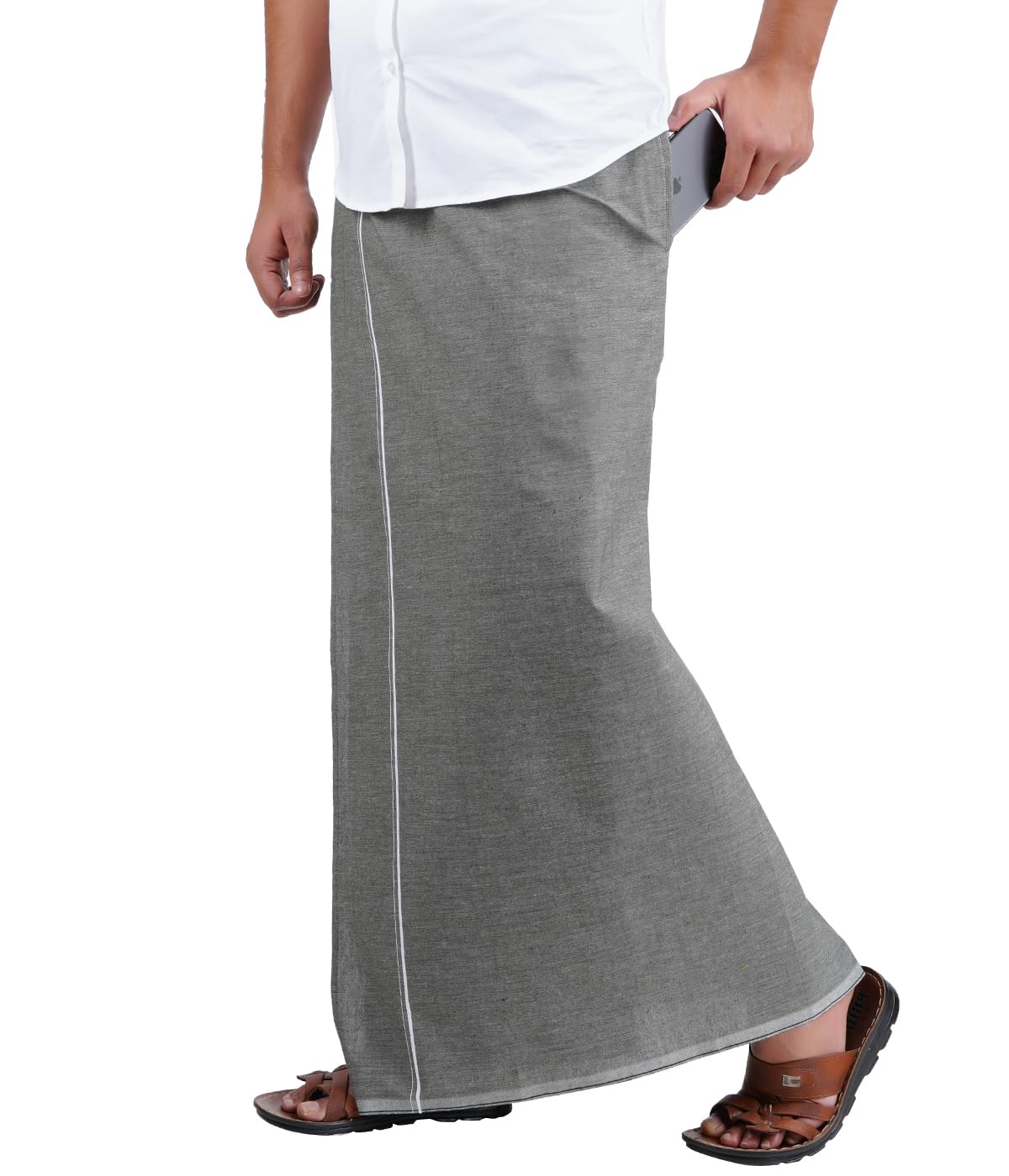 Prakasam Cotton Mens Premium Kfc Plain Welcro Pocket Dhoti (Kfc-Pln-Ash)