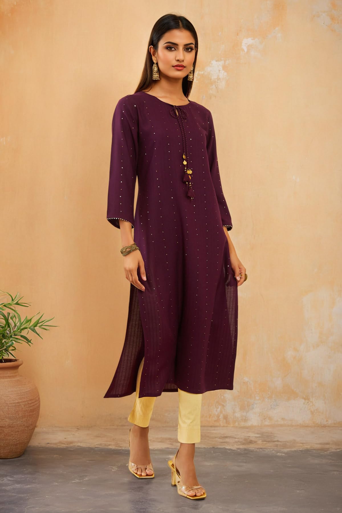 Soch Womens Wine Rayon Sequin Embellished Round-Neck Straight Kurta
