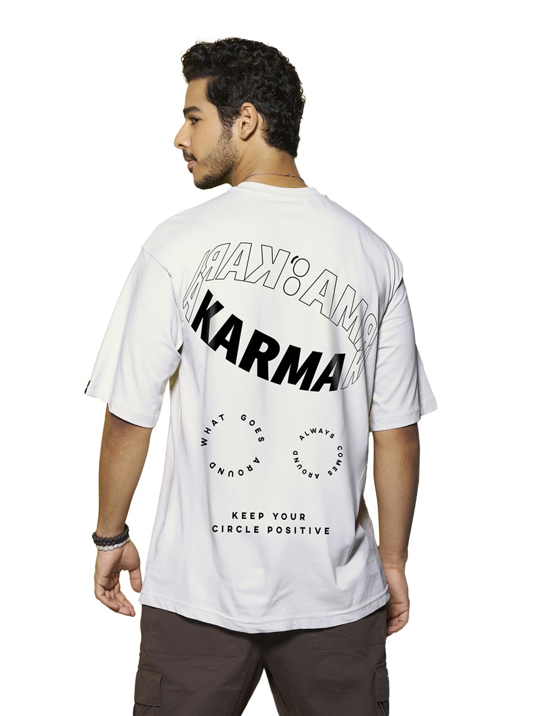 Bewakoof Mens Karma Circle Typography 100% Cotton T-Shirt - Oversized Fit, Round Neck, Half Sleeves White