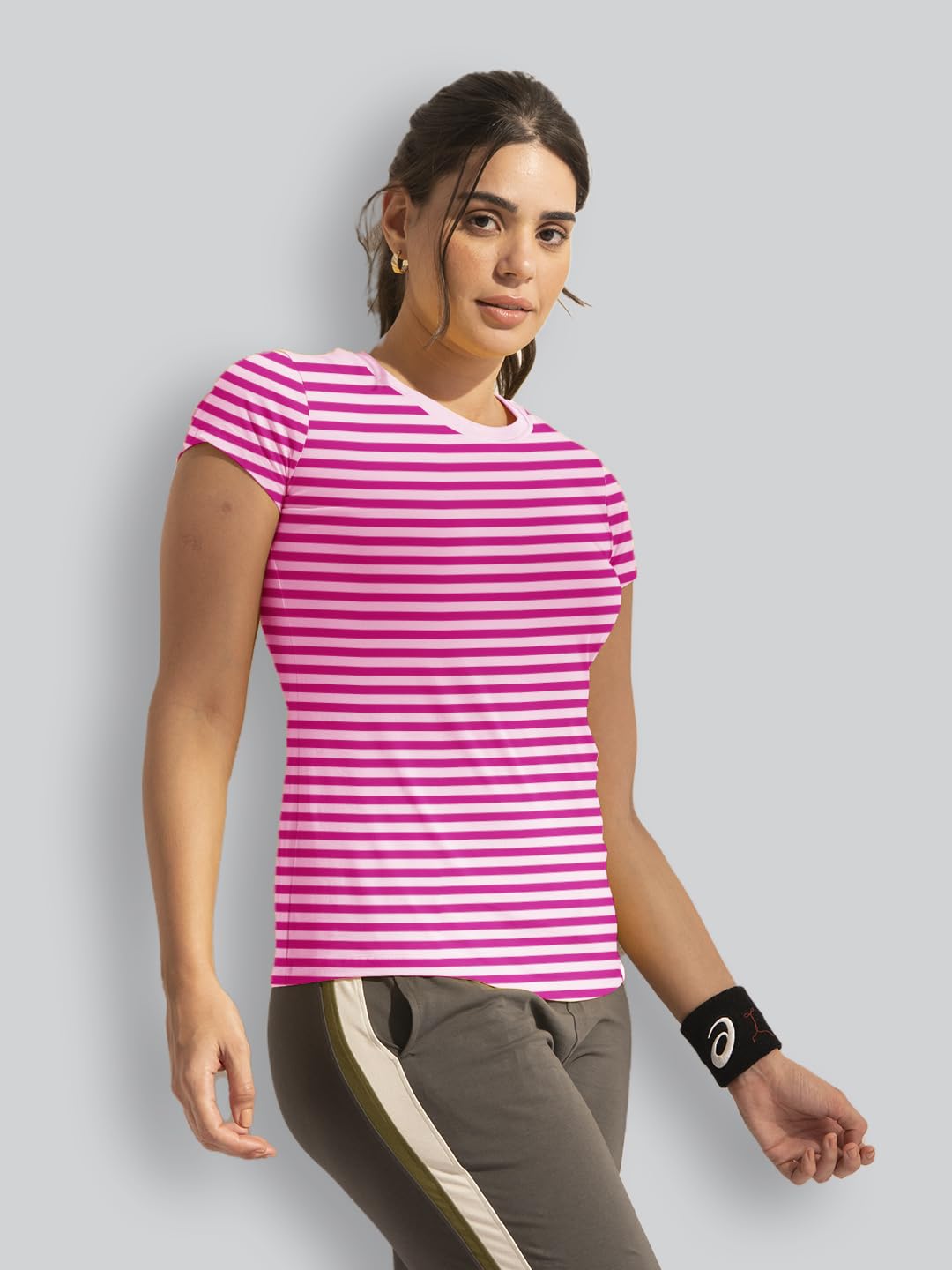 Lyra WomenS Printed Striper Round Neck Regular Fit Cotton T-Shirt