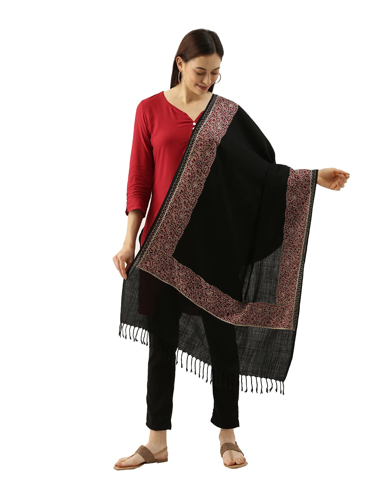 Pashmoda Womens 100% Pure Wool Nalki Embroidered Stole, Shawl and Wrap, Woolmark Certified, Sustainable and Natural Fabric (Size