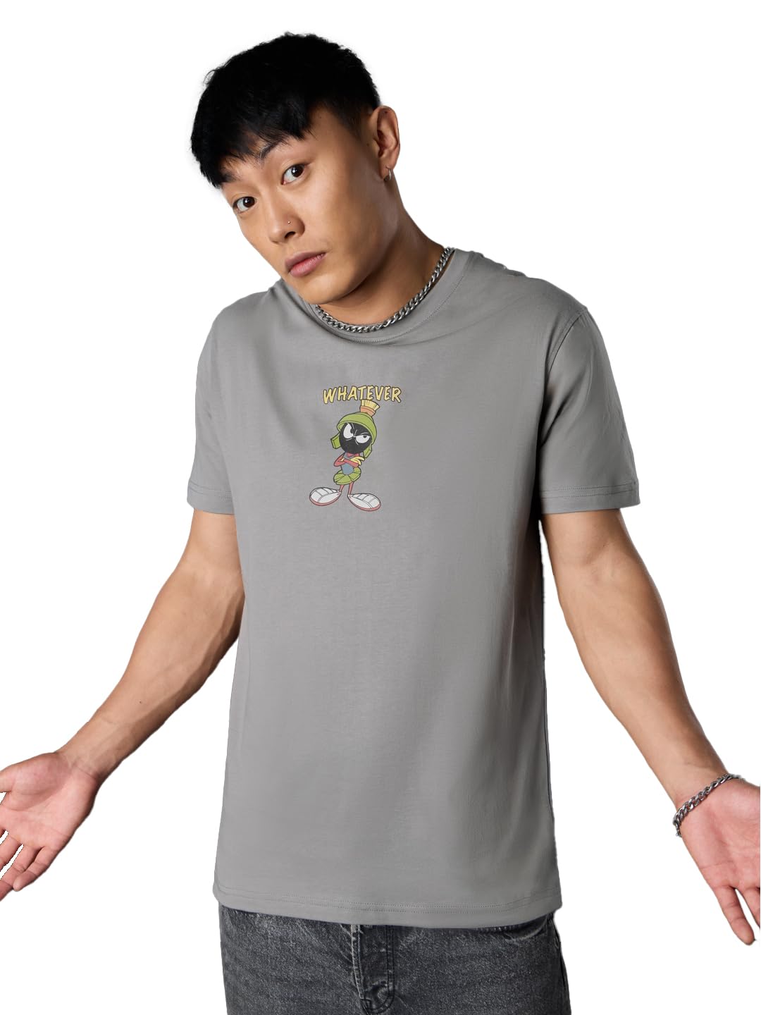 The Souled Store Looney Tunes: Whatever Men and Boys Short Sleeves Round Neck Grey Graphic Printed Cotton Regular Fit Breathable