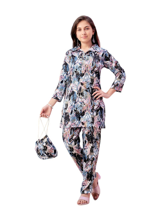 Aarika Girls Casual Wear Blue Colour Floral Print Polyester Co-ord Set-8-15 Years (KP-TR-K-971)