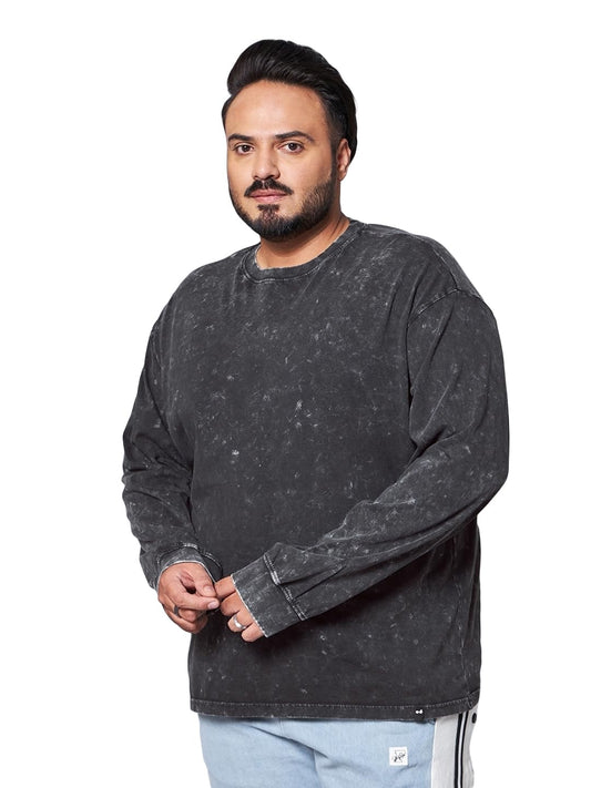 Bewakoof Mens Self Design Oversized Fit Full Sleeve Round Neck Cotton Jersey Plus Size Acid Wash T-Shirt_624631_Grey_5XL