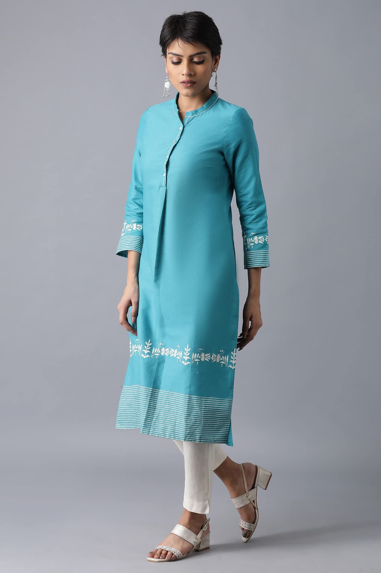 W Teal Floral Printed Cotton Blend Regular Kurta For Women