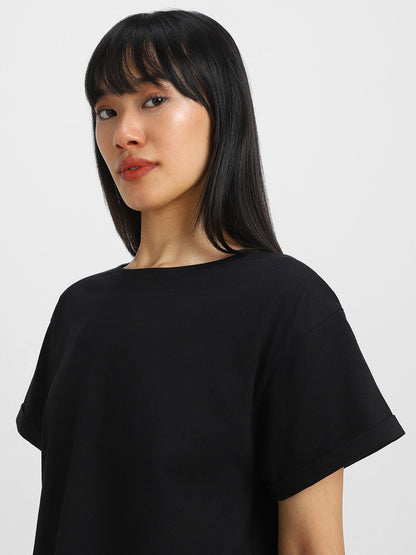 Juneberry Pure 100% Cotton Oversized Loose Baggy Fit Round Neck With Drop Shoulder Black & Maroon Half Sleeves Boyfriend T-Shirt