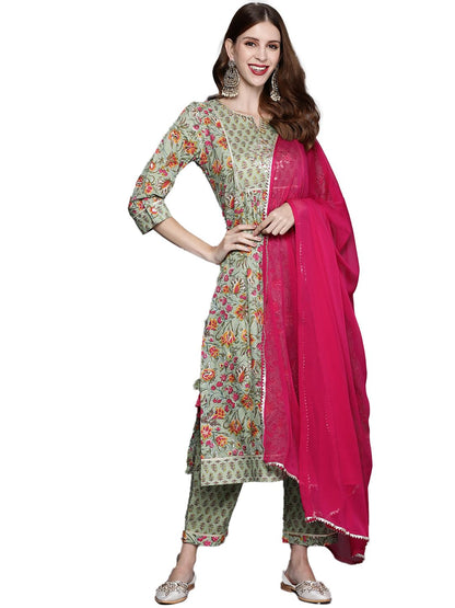 Varanga Floral Printed Embroidered Kurta With Straight Pant And Chiffon Dupatta