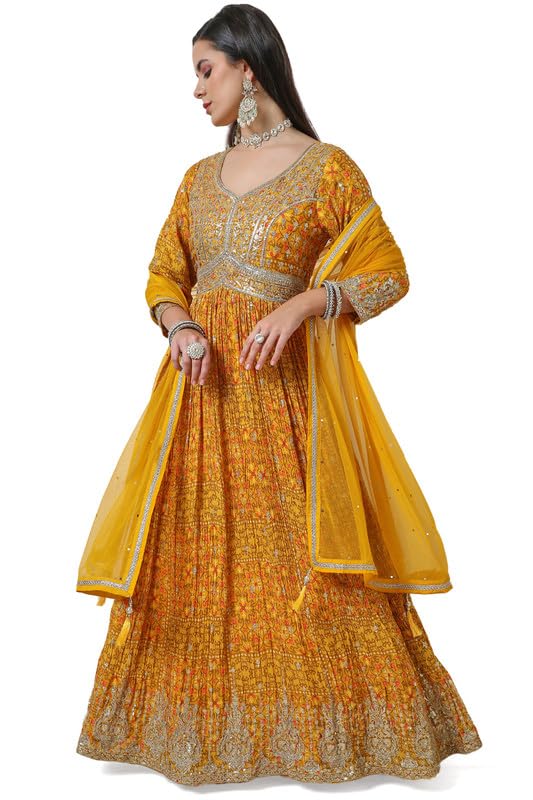 Soch Womens Mustard Floral Print Chinon Blend Alia Cut Gown with Sequins