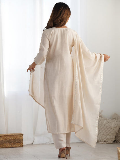 Sanisa Women's Silk Sequins and Embroidery Straight Kurta with Pant and Dupatta Set