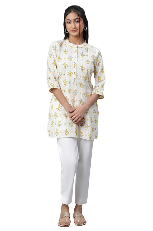 Beige Floral Printed Textured Kurti