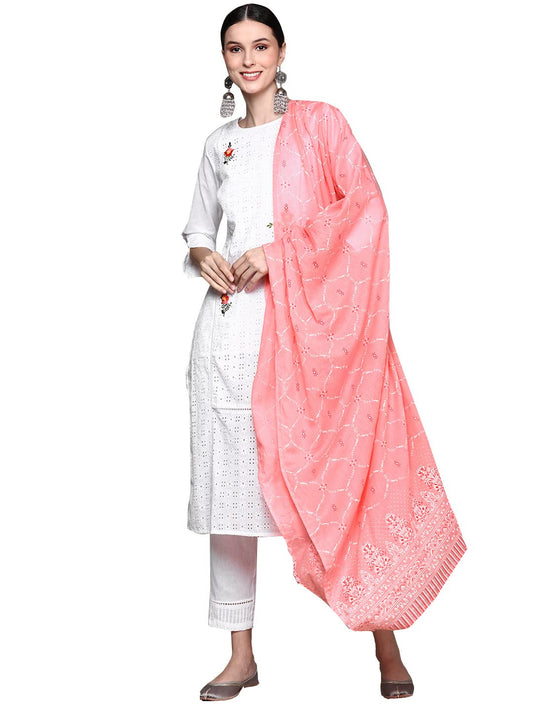 ishin Women's White Schiffli Embroidered Straight Kurta set With Trouser and Dupatta