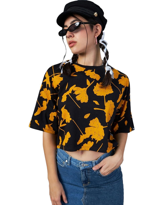 Bewakoof WomenS All Over Printed Oversized Fit Half Sleeve Round Neck Cotton Short Top_615105_Black_Xl
