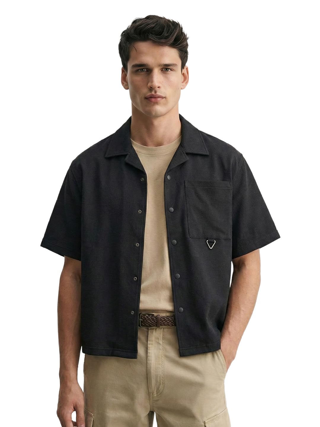 The Indian Garage Co Mens Boxy Fit Textured Cuban Collar Half Sleeves Shirt