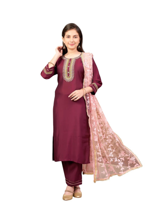 Aarika Girls Ethnic Wear Wine Colour Sequin Embroidery Silk Kurti Pant Set-10-15 Years (Kp-Sd-6001)