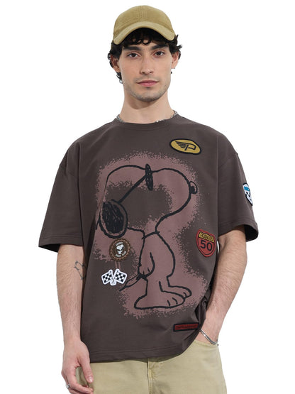 The Souled Store Peanuts: Motorsports Men and Boys Short Sleeves Round Neck Brown Graphic Printed Cotton Oversized T-Shirts