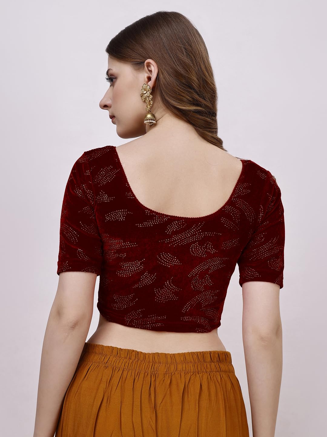Vihu Fashion Womens Readymade Hosiery Velvet Lycra Stretchable Round Neck Half Sleeve Blouse Fancy Maroon Color Lycra Stretchab