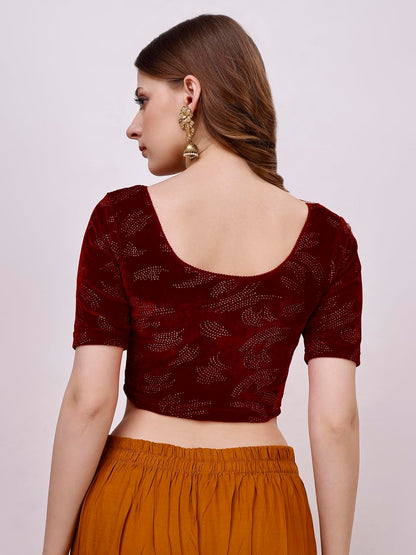 Vihu Fashion Womens Readymade Hosiery Velvet Lycra Stretchable Round Neck Half Sleeve Blouse Fancy Maroon Color Lycra Stretchab