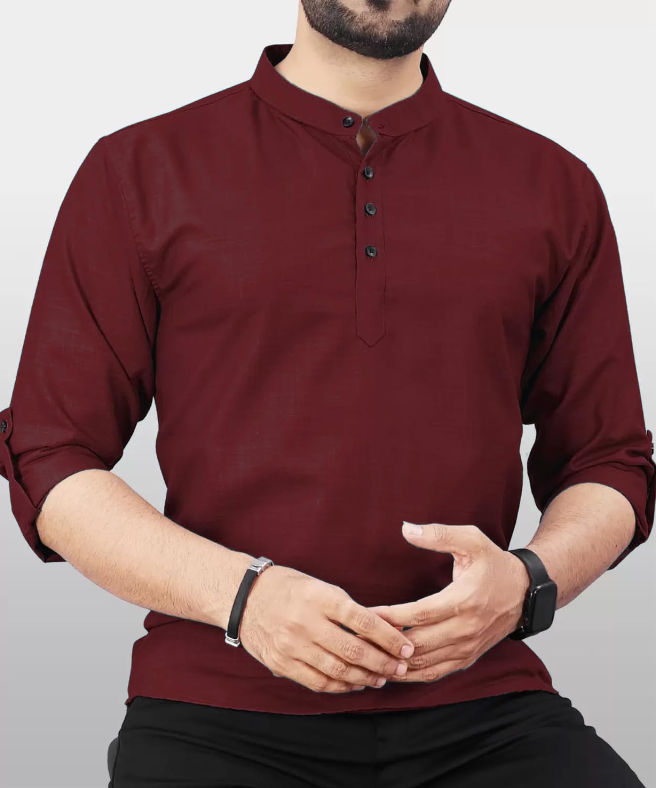Deemoon MenS Cotton Blend Kurta With Solid Regular Fit Mandarin Collared Neck Full Sleeve And Waist Length | Kurtas For Men | M