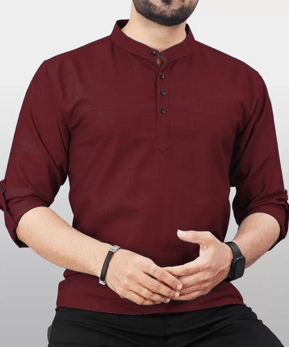 Deemoon MenS Cotton Blend Kurta With Solid Regular Fit Mandarin Collared Neck Full Sleeve And Waist Length | Kurtas For Men | M