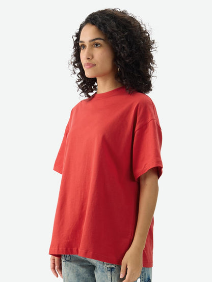 The Souled Store Solids: Rouge Red Women and Girls Short Sleeve Round Neck Cotton Oversized T-Shirts