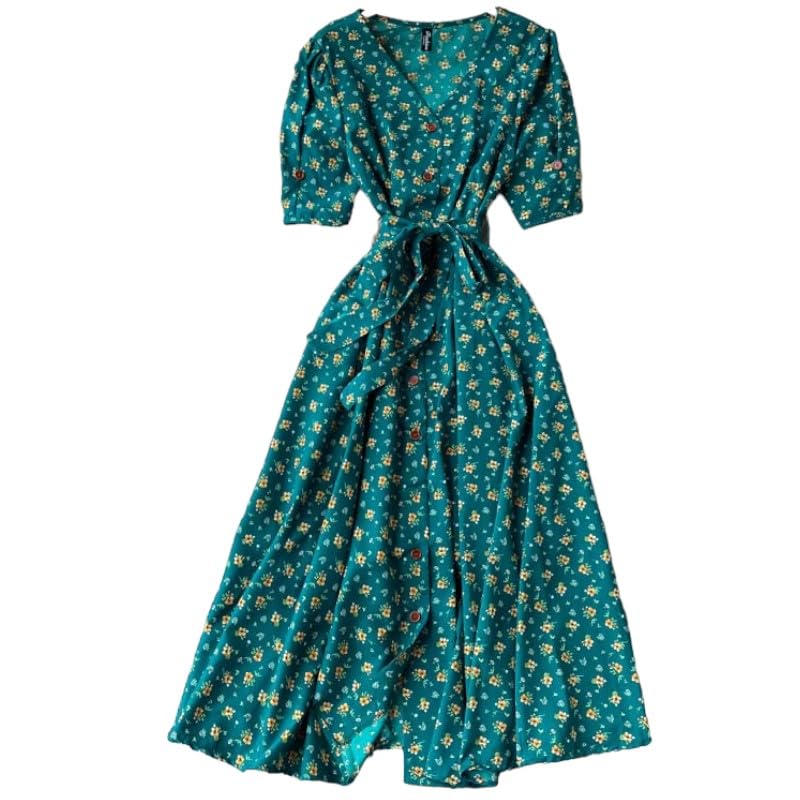 Gufrina Dresses For Women Half Sleeve || Floral Print || V-Neck And Puff Sleeves || Front Open Button & Tie-Up || Midi Dress (Gr