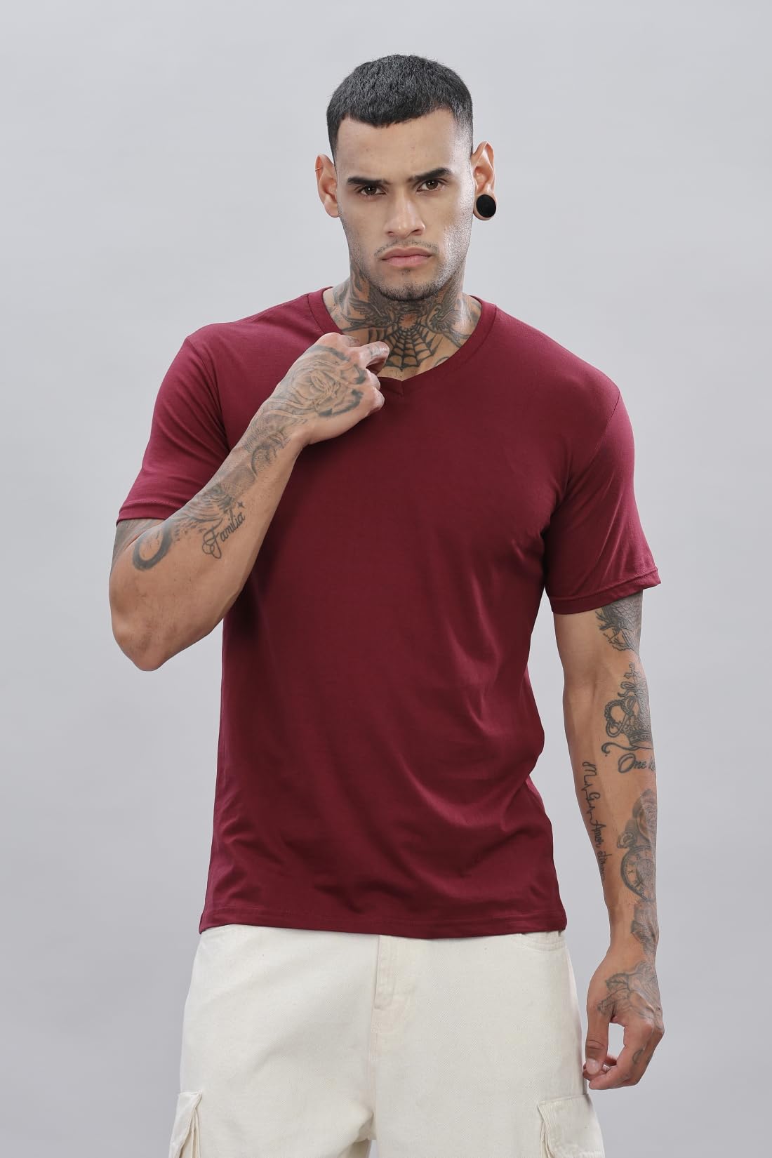 ADRO Men's V Neck Solid Cotton T-Shirt (VN-M-PLN-MR_Maroon)
