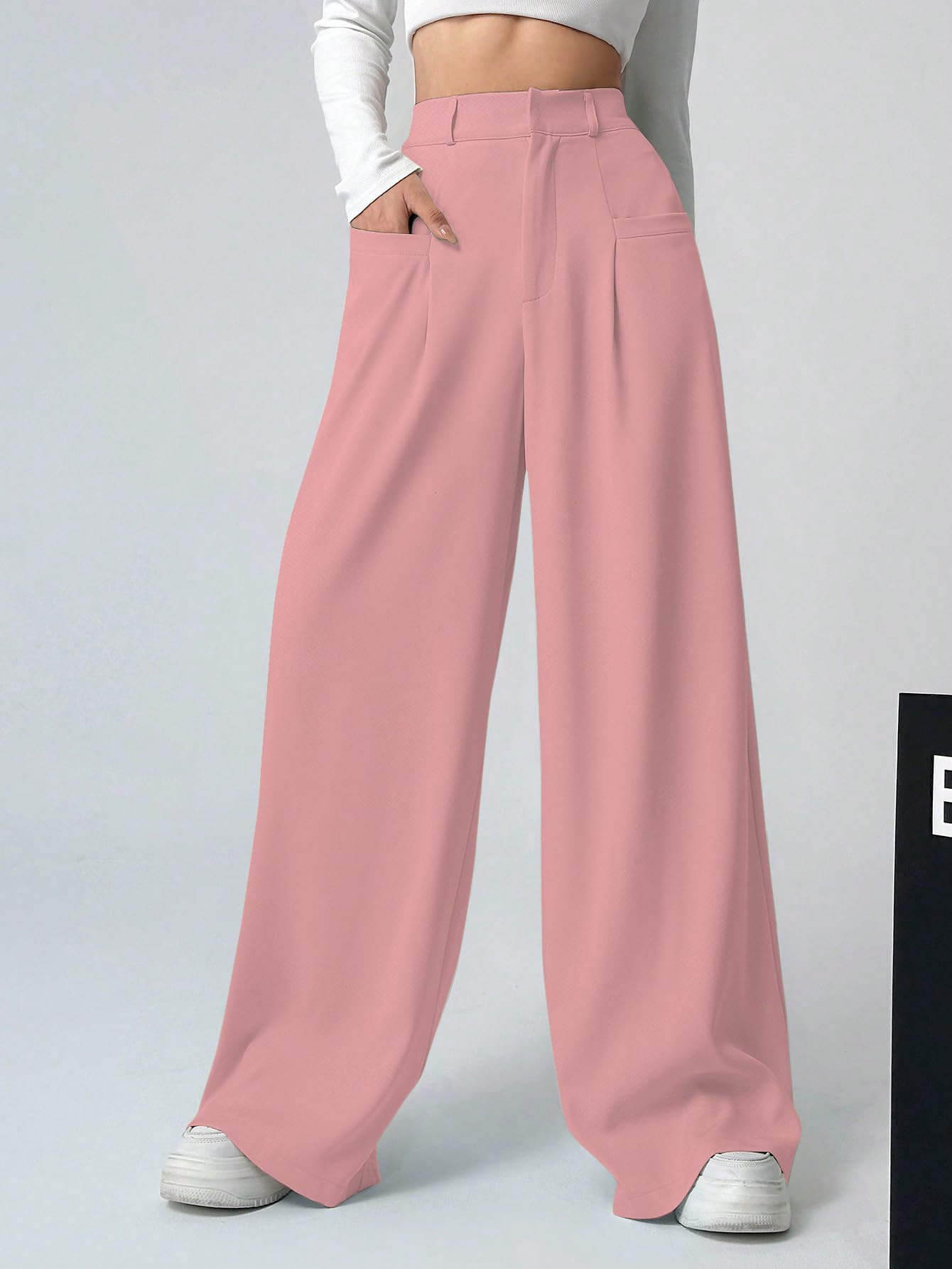 Shasmi Women & Girls Solid Peach Color Loose Fit, Pleated Trousers, Wide Leg Pocket Casual Long Korean Trousers Pant (Pant 146 P