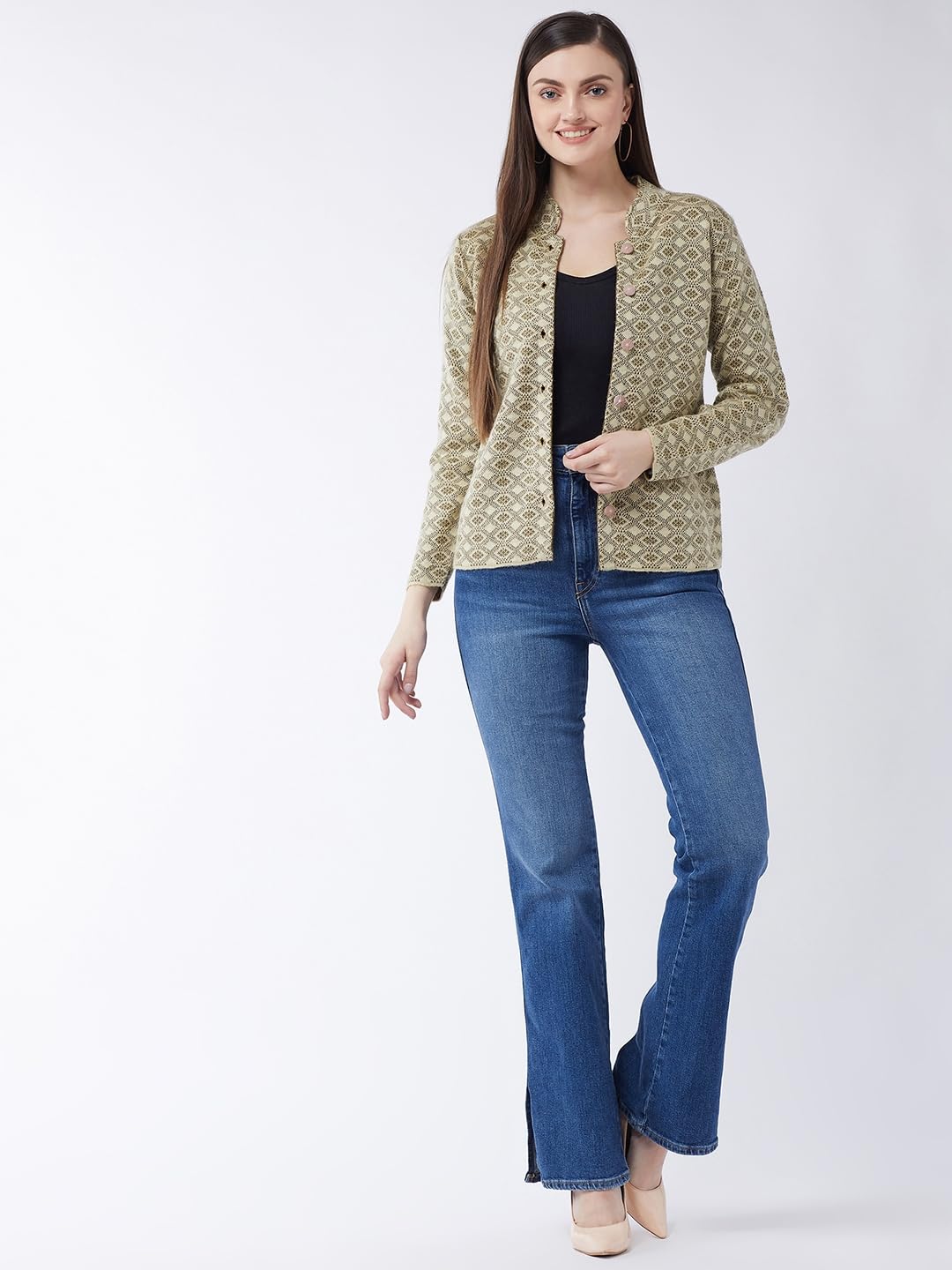 Modeve Women Printed Camel Casual Sweater For Winter