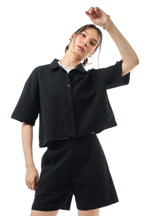 Bewakoof WomenS Solid Oversized Fit Half Sleeve Collar Cotton Co-Ordinates_628246_Black_M