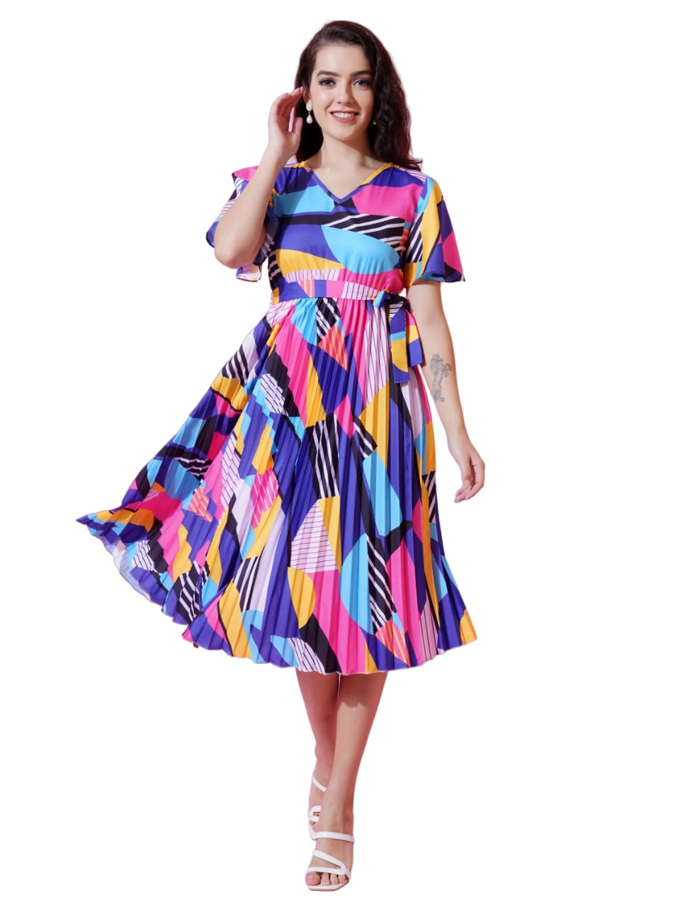 Kzully | Chic Elegance A-Line Dress For Women With Pleats, V-Neck, Printed Top, And Belt Accent Blue