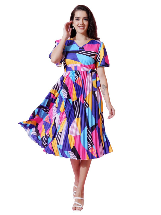 Kzully | Chic Elegance A-Line Dress For Women With Pleats, V-Neck, Printed Top, And Belt Accent Blue