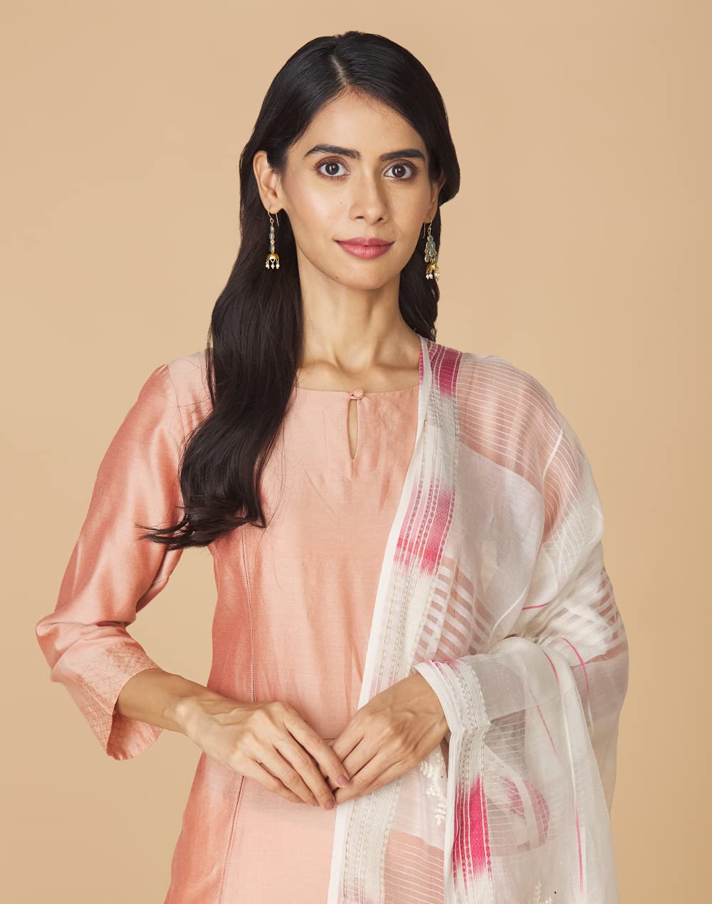 Fabindia Off White Cotton Silk Maheshwari Embroidered Dupatta (Free Size) - 10730219