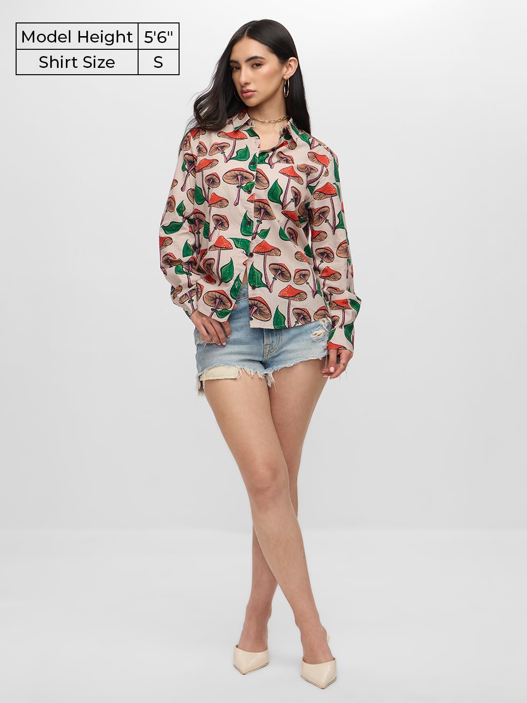 The Souled Store Mushrooms Women and Girls Long Sleeves Collared Neck Button Front Beige All Over Printed Regular Fit Cotton Shi