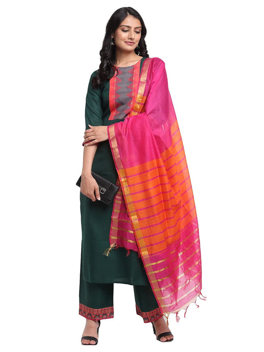 GoSriKi Women's Cotton Printed Straight Kurta with Palazzo & Dupatta (ANUPMA Green)