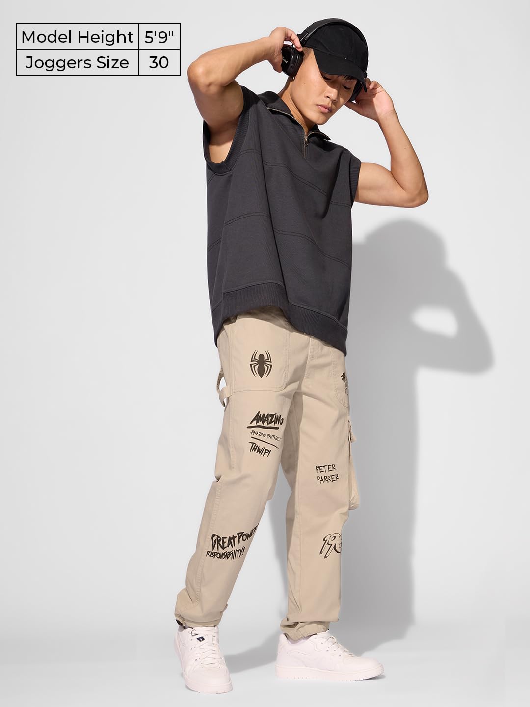 The Souled Store Official Spider-Man: Web-Slinger Men and Boys Elasticated Toggles Leg Closure Beige Printed Cotton Blend Baggy