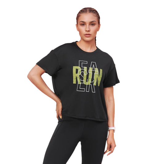Enamor Womens Graphic Oversized Fit T-Shirt (A311_Jetblk-Run Faster
