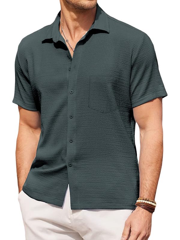 Pinkmint Mens Popcorn Shirt Comfortable Short Sleeve Shirts Casual Textured Shirt (Pack of 1) Olive