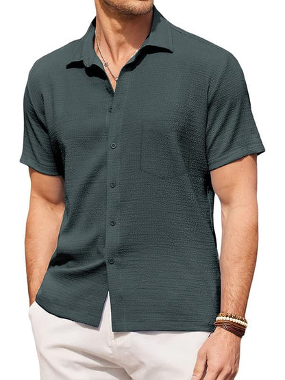 Pinkmint Mens Popcorn Shirt Comfortable Short Sleeve Shirts Casual Textured Shirt (Pack of 1) Olive