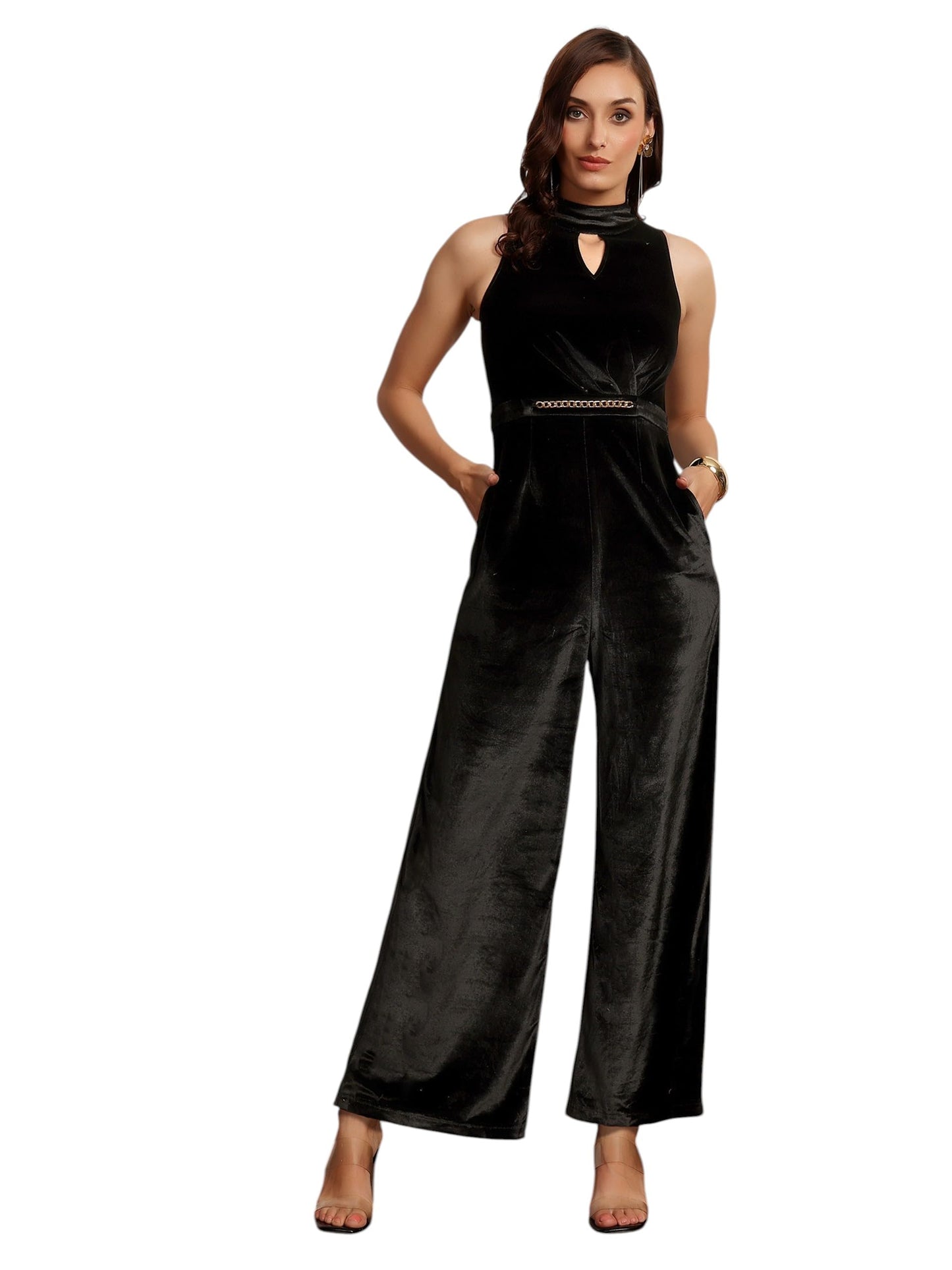 Miss Chase Womens Neck Sleeveless Pleated Regular Jumpsuit (MCSS22D15-23-62-06, Black, XL)