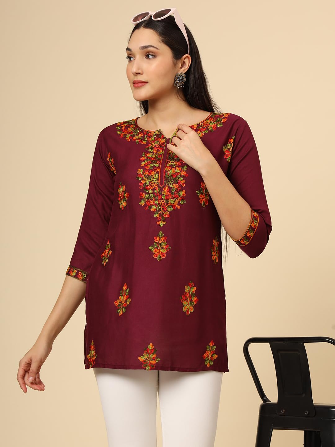 Vairagee WomenS Rayon Straight Cut Round Neck Kurta With Beautiful Lucknowi Chickenkari Work (1681) Wine
