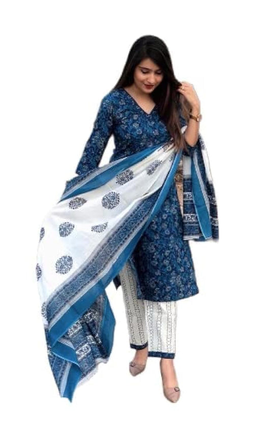 KLOSIA womens Rayon Kurta Palazzo With Dupatta Set (Floral_Suit_M_Indigo Blue_M)