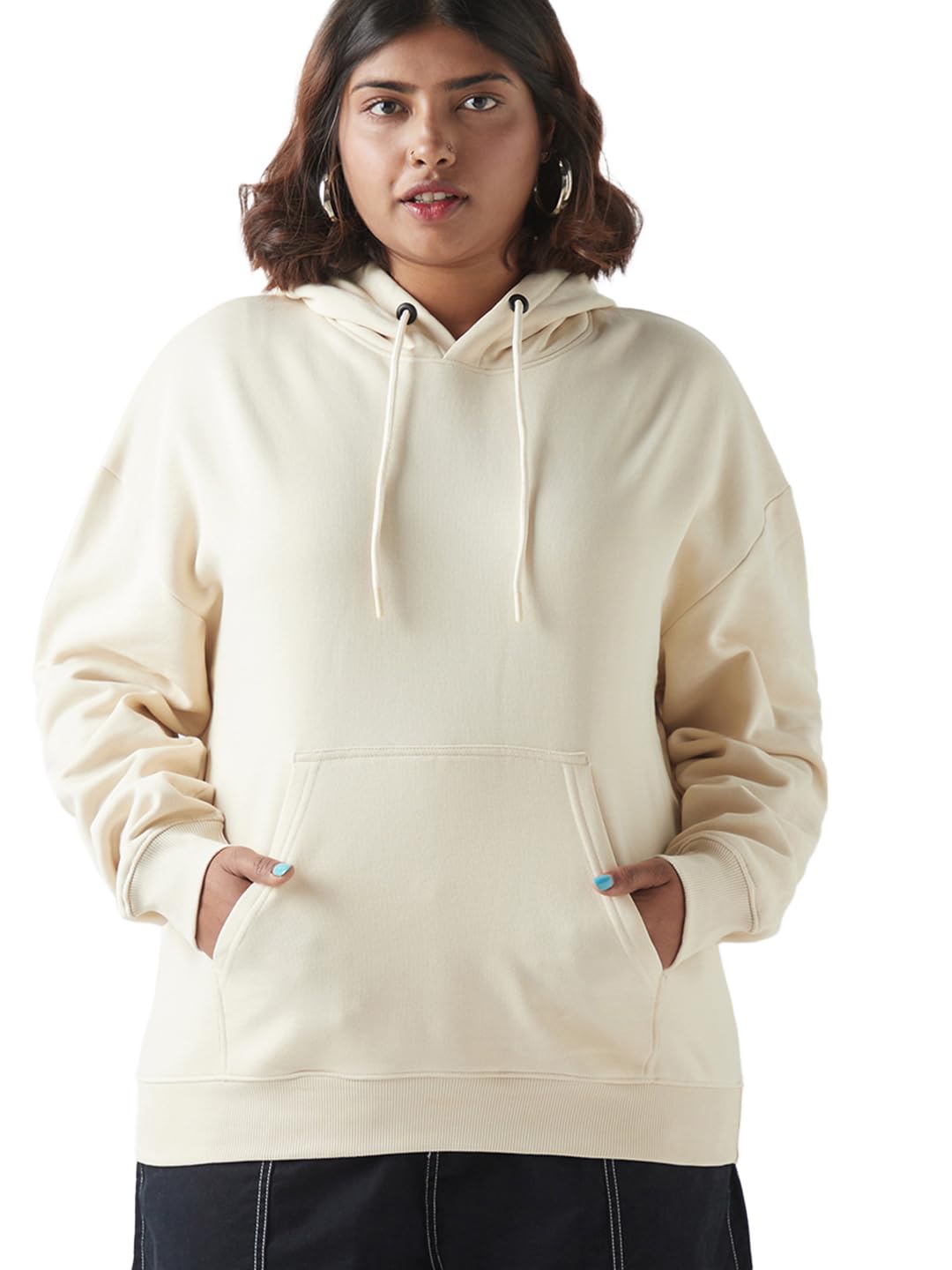 Bewakoof Womens Solid Oversized Fit Full Sleeve Hooded Fleece Blend Plus Size Hoodies_641024_Beige_4XL