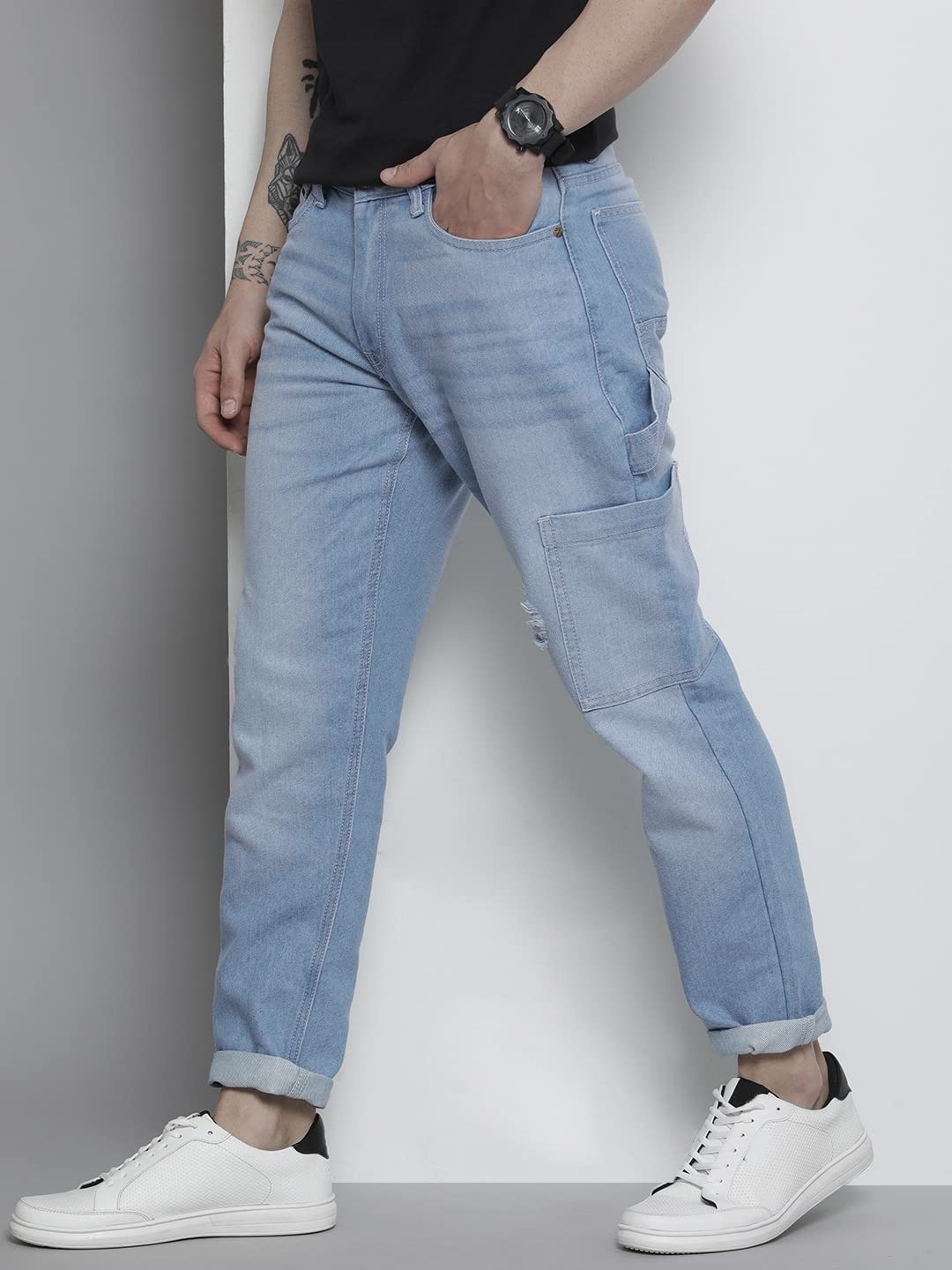 The Indian Garage Co Men Carpenter Fit Distressed Mid-Rise Cargo Denim