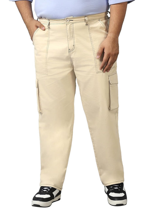 Bewakoof Mens Solid Oversized Fit Cotton Blend Plus Size Cargo Trousers_ 609850 Beige_ 44