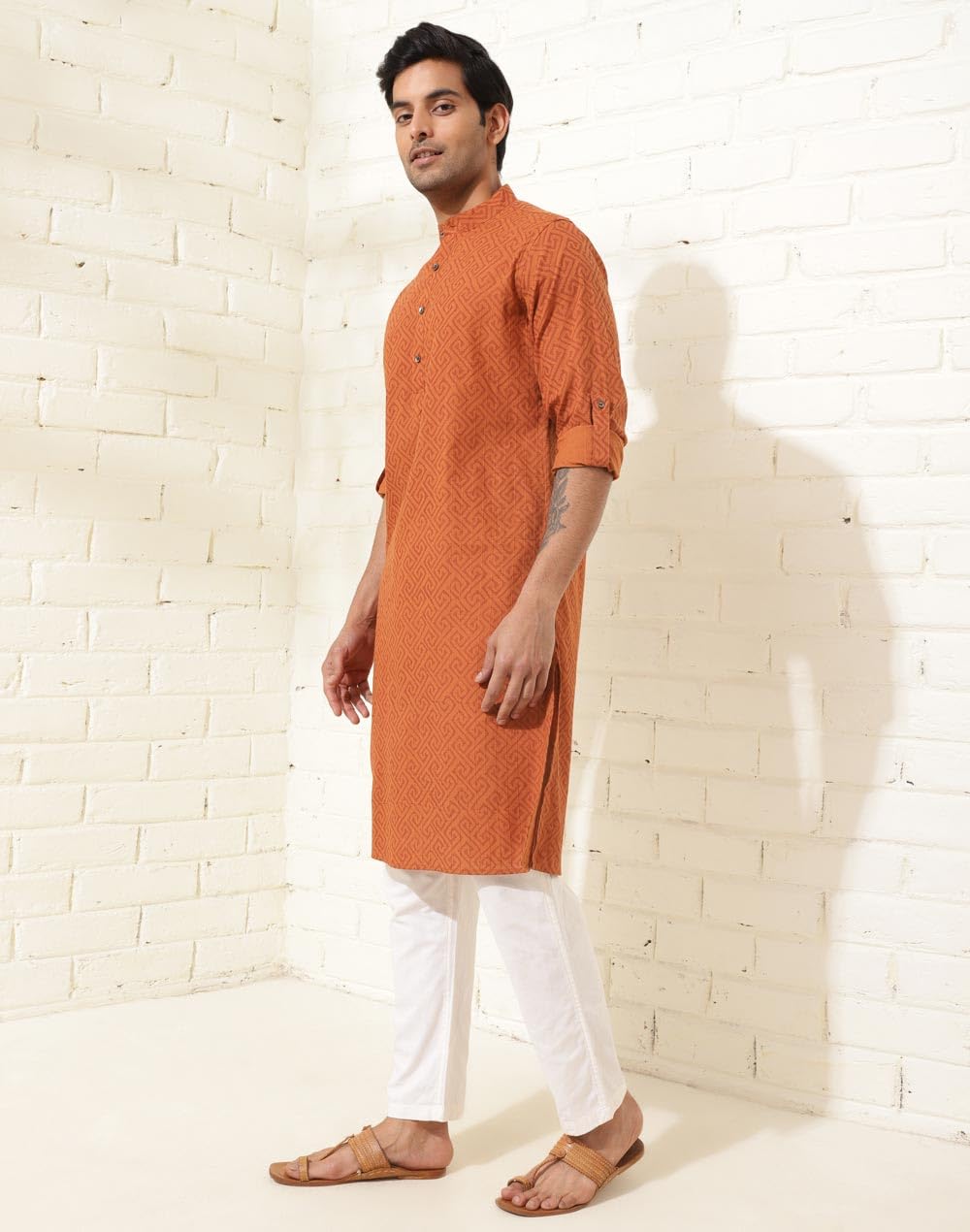 Fabindia MenS Cotton Printed Slim Kurta (1037104Rust_Rust