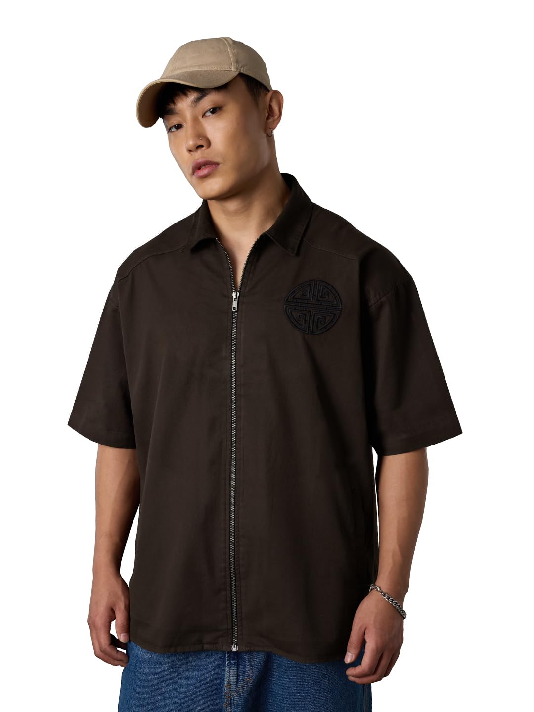 The Souled Store Kung Fu Panda: Po Men and Boys Half Sleeve Spread Collar Button Front Dark Brown Embroidered Cotton Oversized S