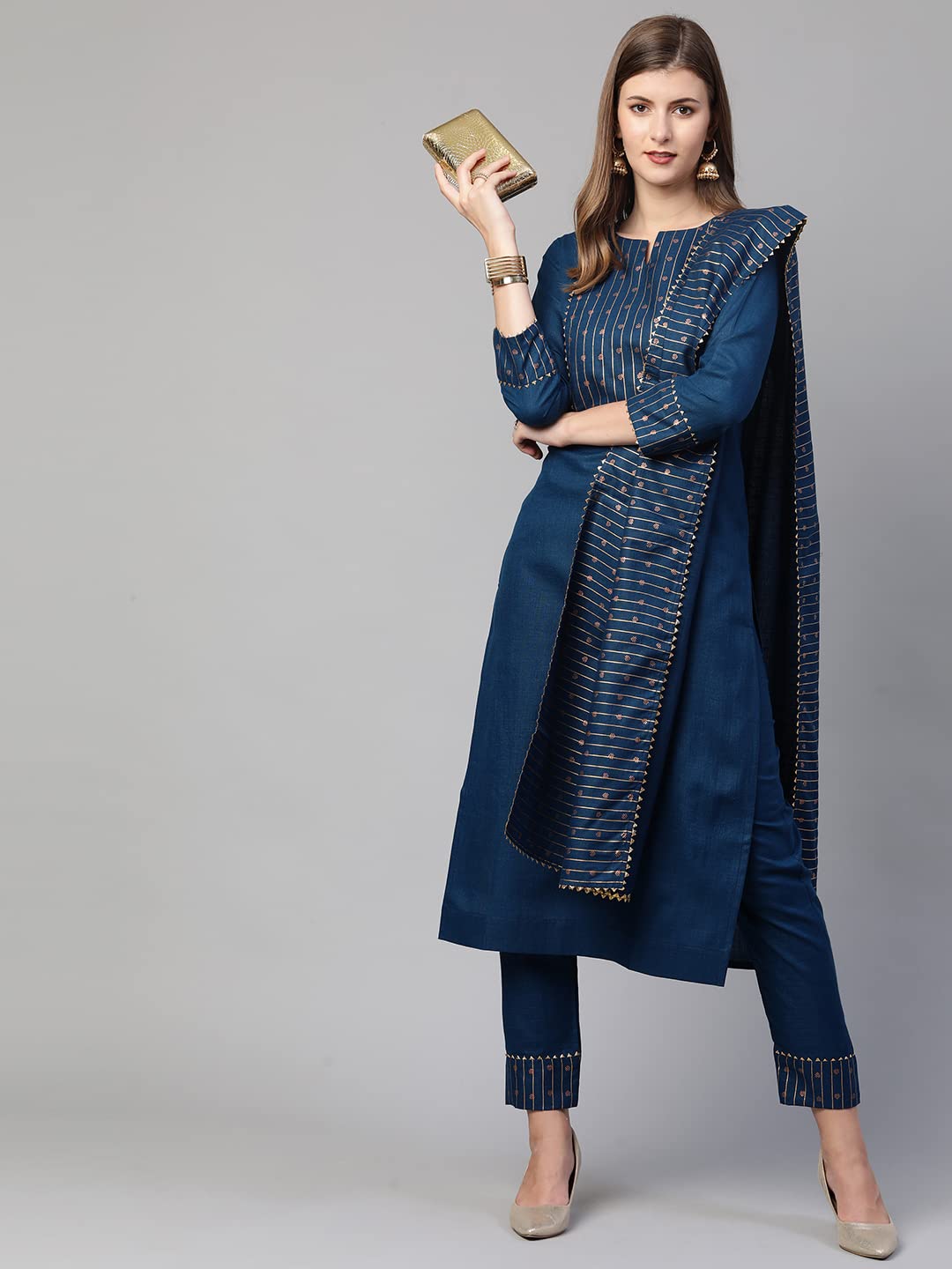 ANNI DESIGNER Women's Cotton Straight Kurta with Pant & Dupatta (KPTD-COT-10052-BLUE)