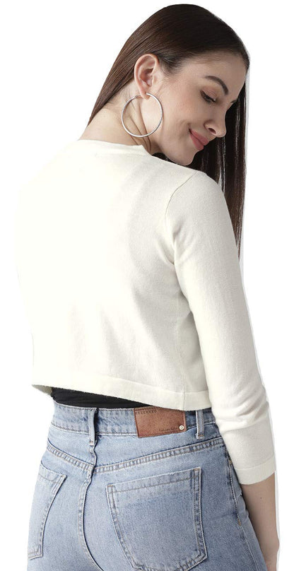 Style Quotient Women Solid Off White Cotton Smart Casual Crop Shrug