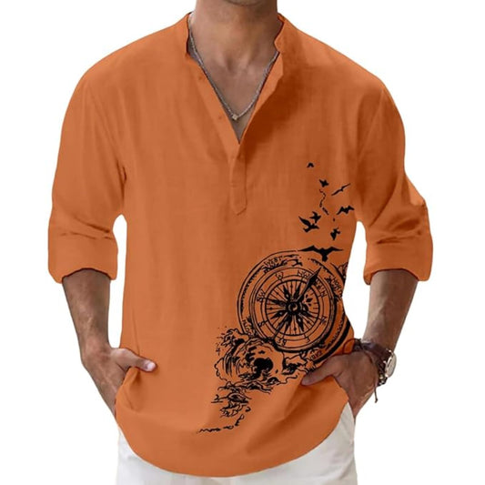 Deemoon MenS Cotton Blend Mandarin Collar Self One Design Full Sleeve Casual Short Kurta Orange