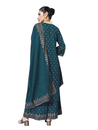 ishin Women Rayon 's Yoke Embroidered A-Line Kurta Set With Sharara And Dupatta